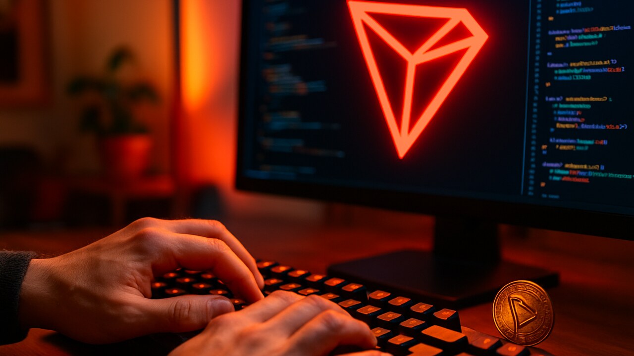 Het rode TRON-logo op een scherm terwijl een ontwikkelaar code typt