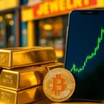 Goudstaven en een Bitcoin-munt naast een smartphone met een stijgende groene koersgrafiek