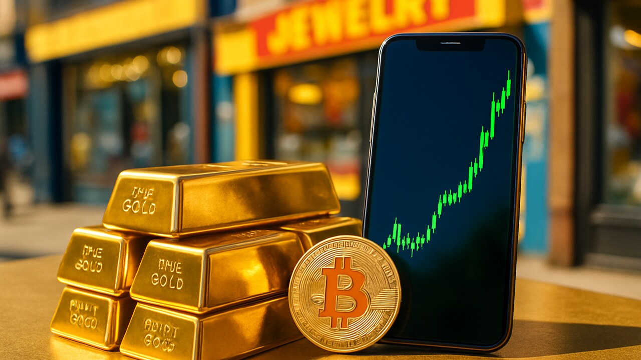 Goudstaven en een Bitcoin-munt naast een smartphone met een stijgende groene koersgrafiek