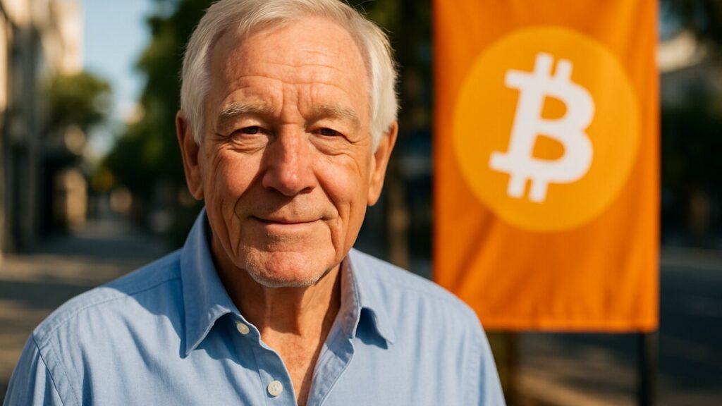 Handelaar Peter Brandt poseert buiten voor een groot oranje Bitcoin-logo