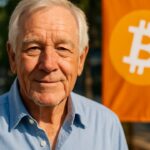 Handelaar Peter Brandt poseert buiten voor een groot oranje Bitcoin-logo