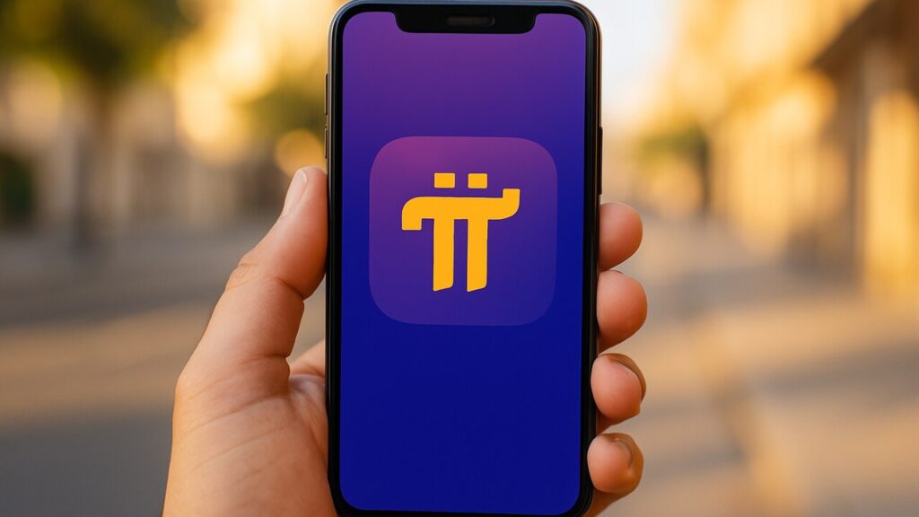 Een hand houdt een smartphone vast met het paarse Pi Network-logo duidelijk in beeld.