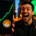 Smartphone met een steil stijgende groene koersgrafiek van een meme coin voor een verlichte stadsstraat met Robinhood-logo op een billboard