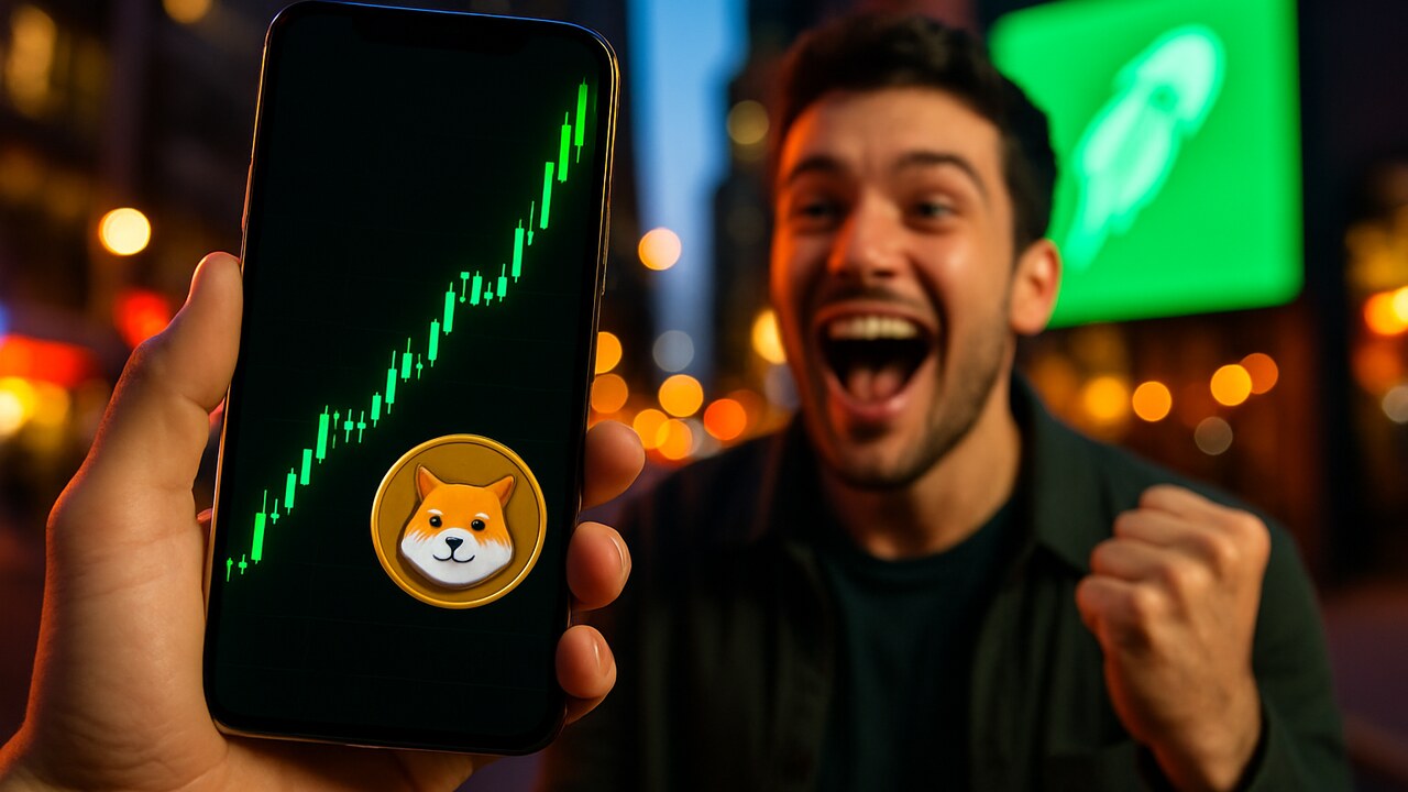 Smartphone met een steil stijgende groene koersgrafiek van een meme coin voor een verlichte stadsstraat met Robinhood-logo op een billboard