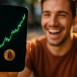 Persoon kijkt verrast naar telefoon met een steil stijgende groene cryptokoersgrafiek