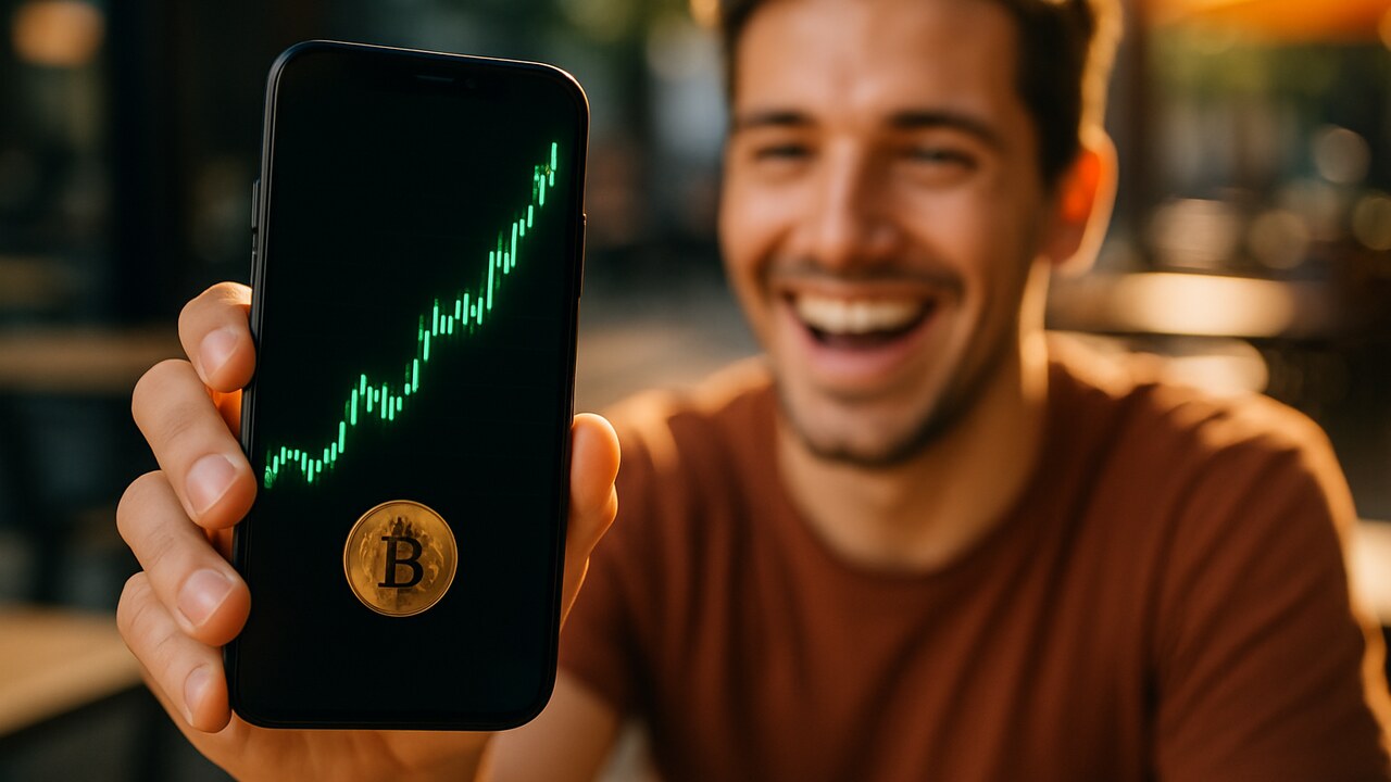 Persoon kijkt verrast naar telefoon met een steil stijgende groene cryptokoersgrafiek