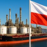 Poolse olieraffinaderij met tanker in haven en Poolse vlag