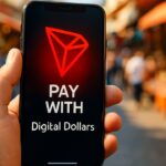 Smartphone met een betaal-app en het TRON-logo op straat