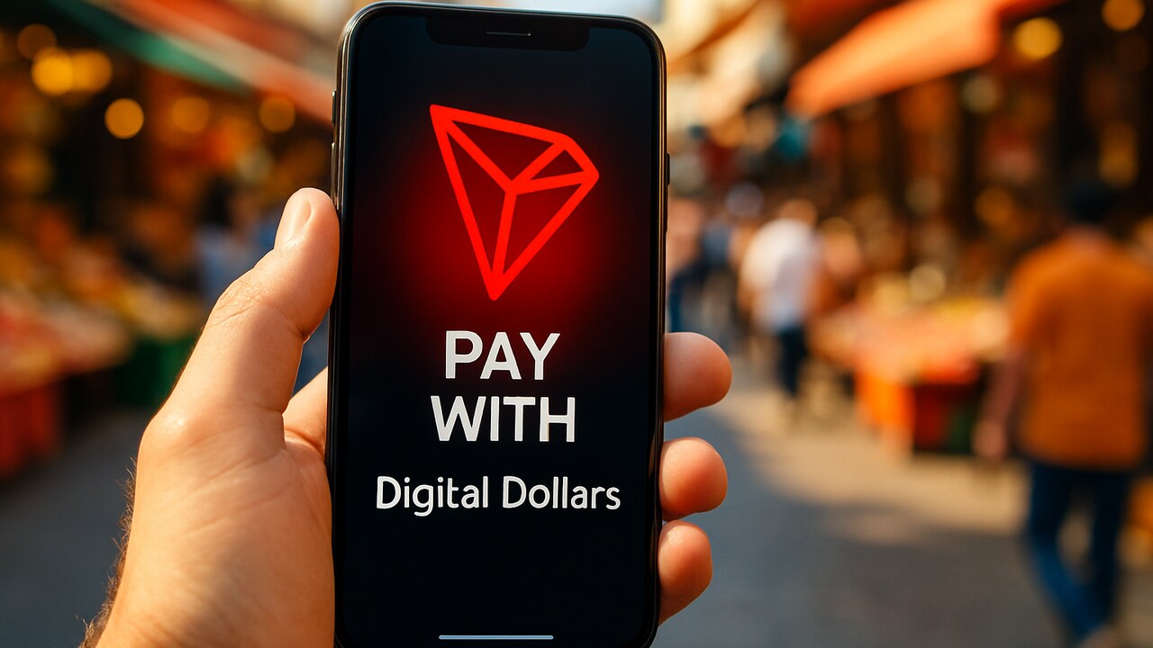 Smartphone met een betaal-app en het TRON-logo op straat