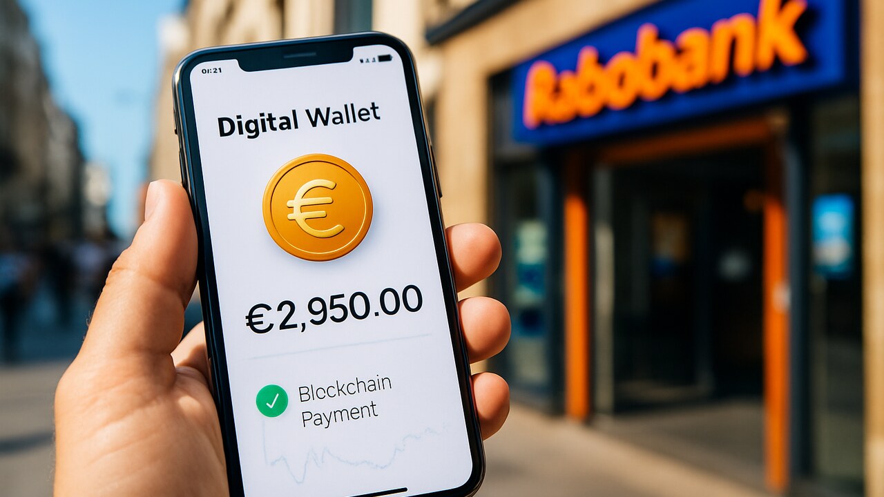 Hand met smartphone toont een stablecoin-wallet, met op de achtergrond een Rabobank-filiaal met logo
