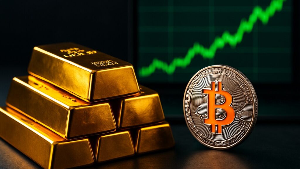 Fysieke gouden baren naast een Bitcoin-munt met op de achtergrond een groen stijgende koersgrafiek