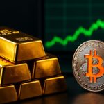 Fysieke gouden baren naast een Bitcoin-munt met op de achtergrond een groen stijgende koersgrafiek
