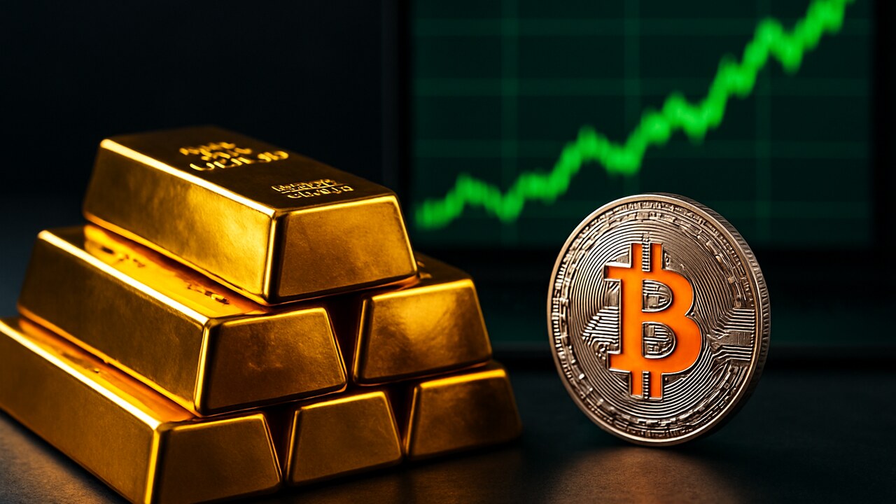 Fysieke gouden baren naast een Bitcoin-munt met op de achtergrond een groen stijgende koersgrafiek