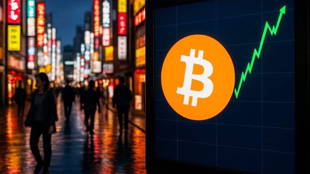 Groot Bitcoin-logo op een beursscherm in een straat in Tokio, met een stijgende groene koerslijn