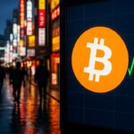 Groot Bitcoin-logo op een beursscherm in een straat in Tokio, met een stijgende groene koerslijn