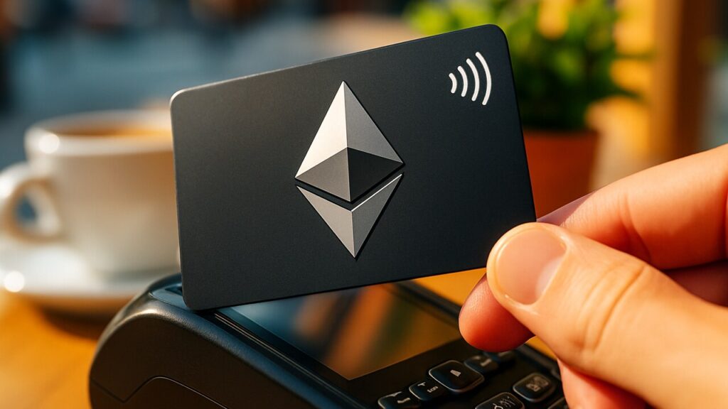 Zwarte betaalkaart met het Ethereum-logo wordt tegen een betaalterminal gehouden in een zonnig café