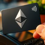 Zwarte betaalkaart met het Ethereum-logo wordt tegen een betaalterminal gehouden in een zonnig café