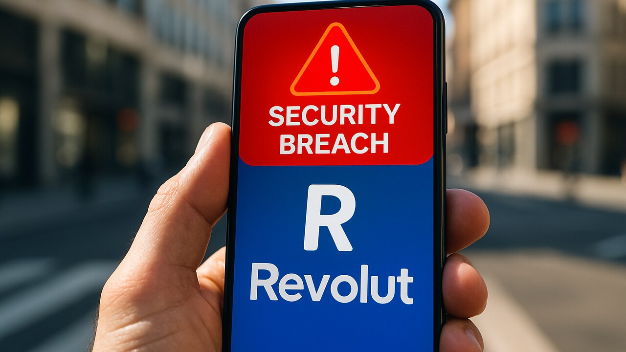 Smartphone met de Revolut-app en een rode waarschuwingsmelding over een datalek
