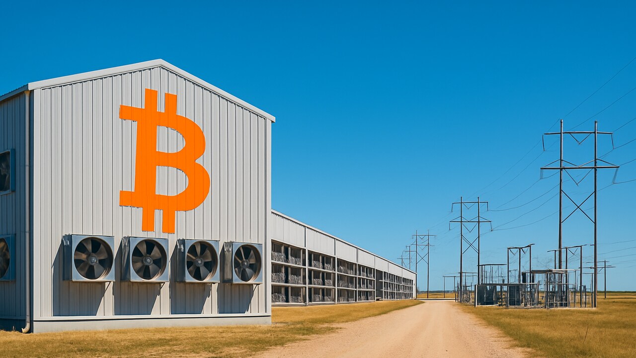 Grote Bitcoin-miningfaciliteit in Texas met hallen, koelinstallaties en een oranje Bitcoin-logo op de gevel onder een blauwe lucht