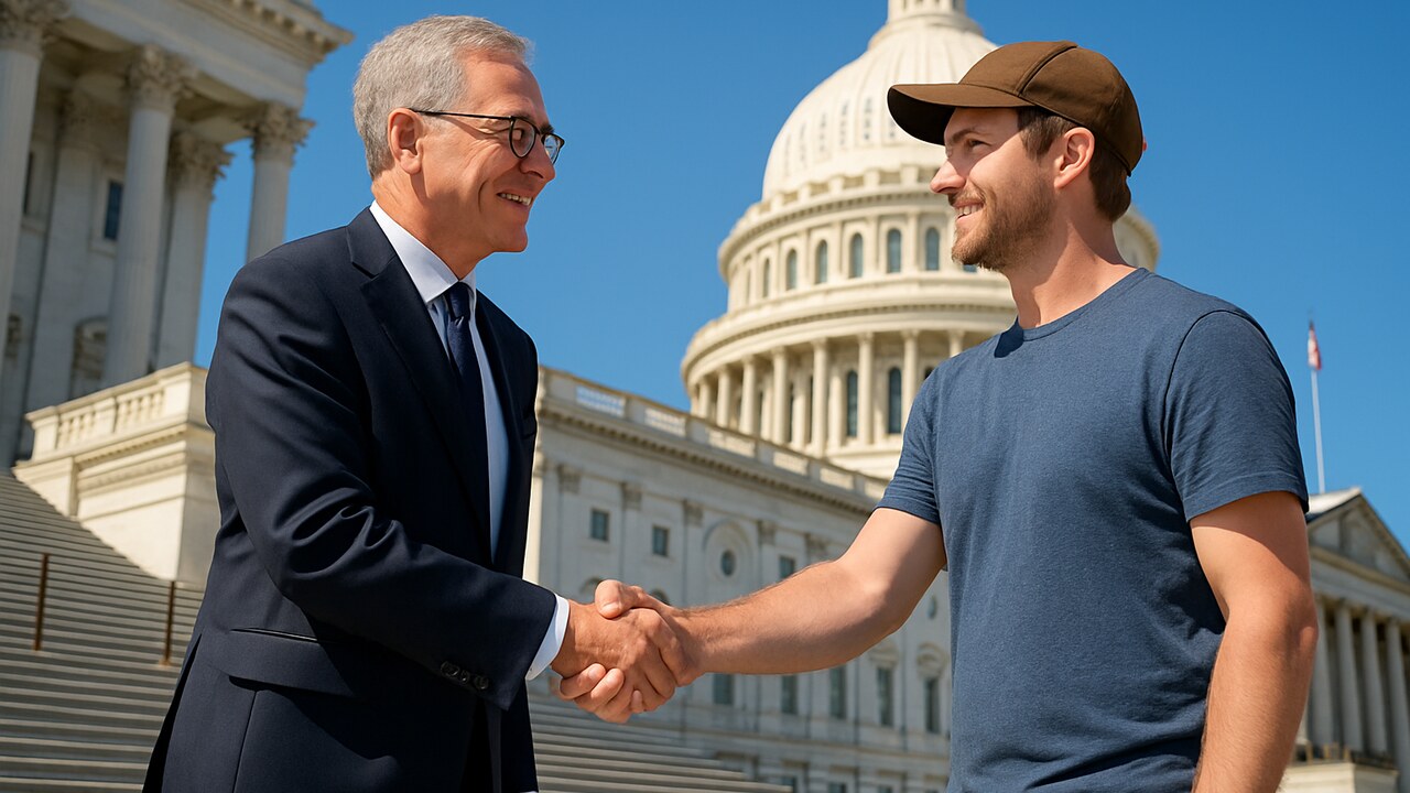 Ripple-topjurist Stuart Alderoty schudt handen met een gewone burger voor het Capitool in Washington