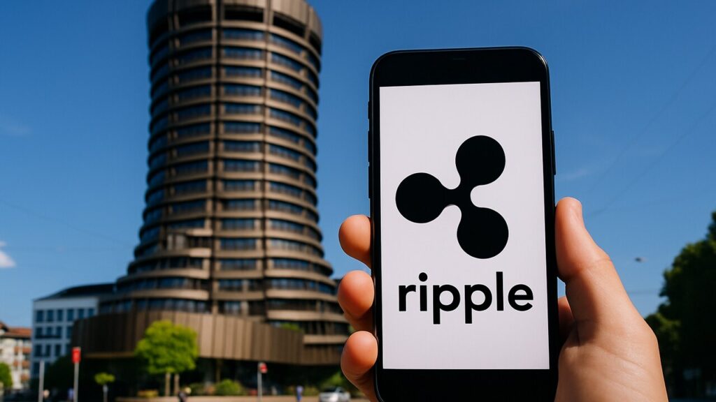 Smartphone met het Ripple-logo voor de ronde toren van de Bank for International Settlements in Bazel