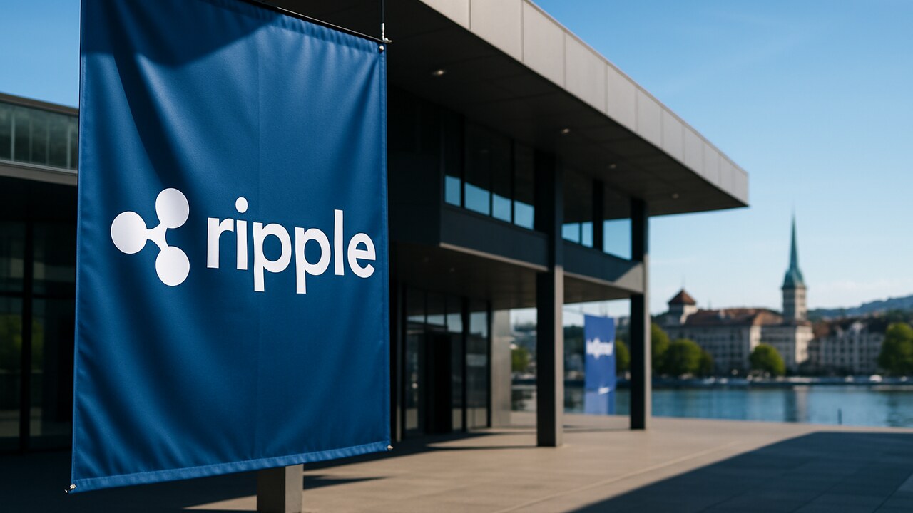 Ripple-logo op een banner bij een conferentiegebouw in Zurich onder helder daglicht
