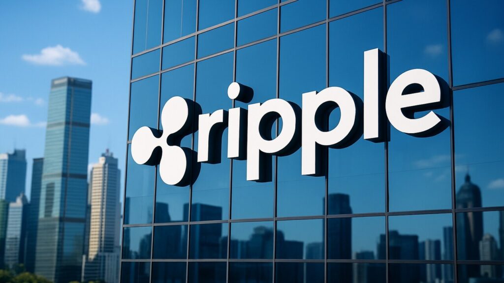 Het Ripple-logo groot en herkenbaar op de gevel van een modern gebouw in een Aziatische stad