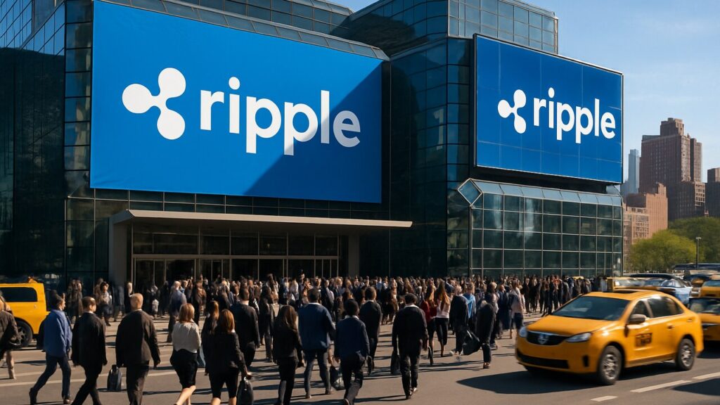 Ripple-logo groot op een banner bij een conferentielocatie in New York met aankomend publiek