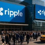 Ripple-logo groot op een banner bij een conferentielocatie in New York met aankomend publiek
