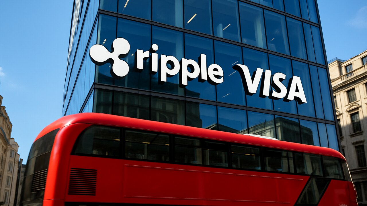 Herkenbare logo's van Ripple en Visa op een modern gebouw in Londen, symbool voor de gezamenlijke investering in Velocity