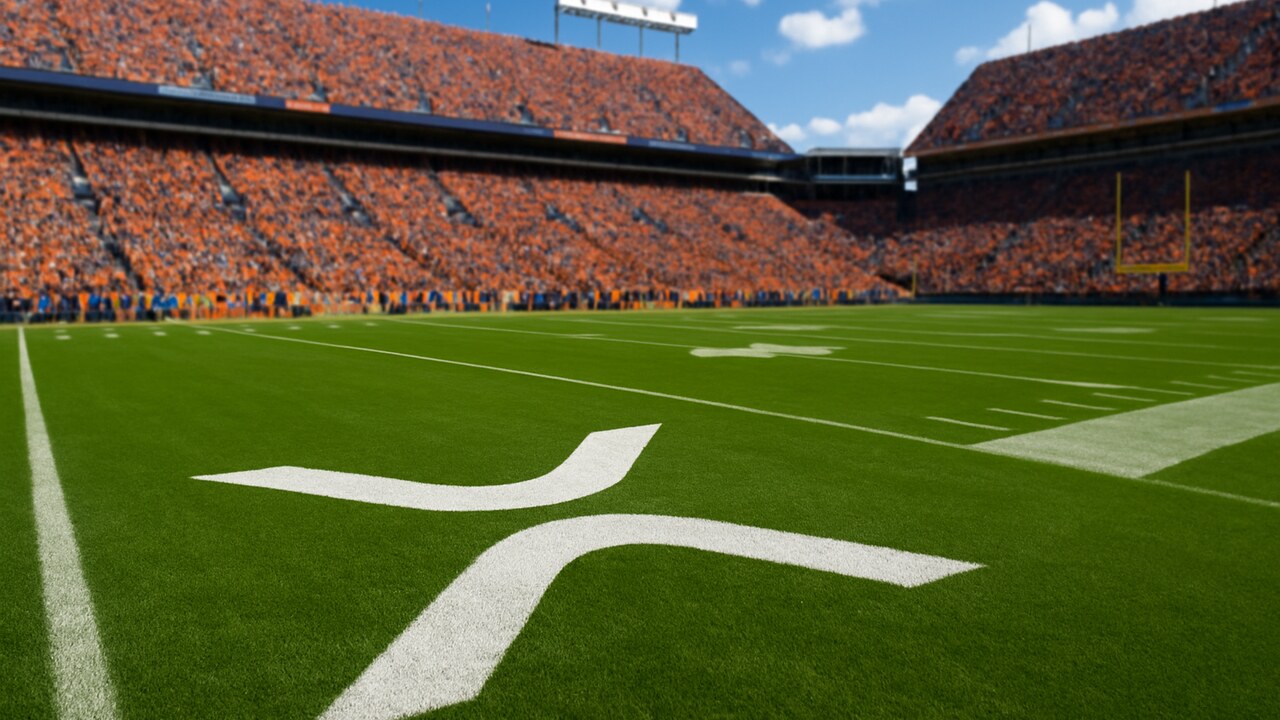 XRP-logo geschilderd op het gras van een vol Amerikaans college football-stadion overdag