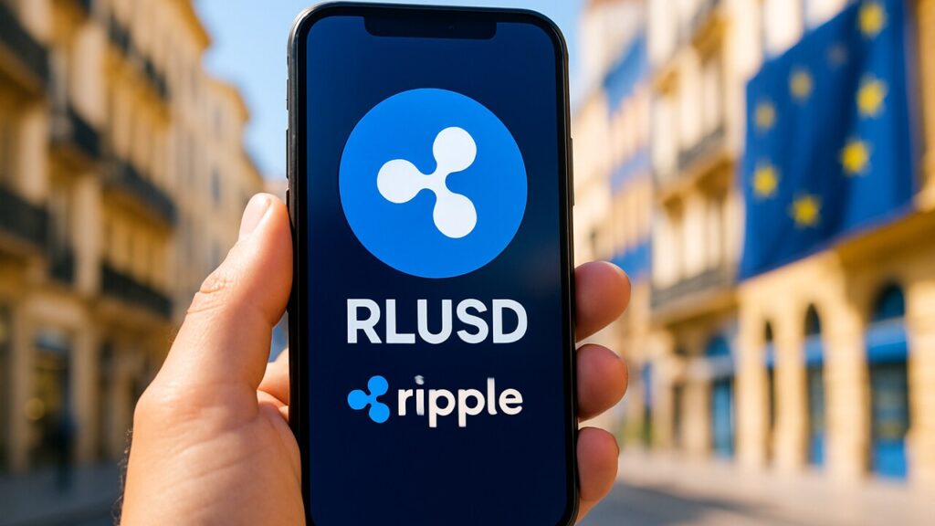 Smartphone met het RLUSD-logo van Ripple voor een Europese straat