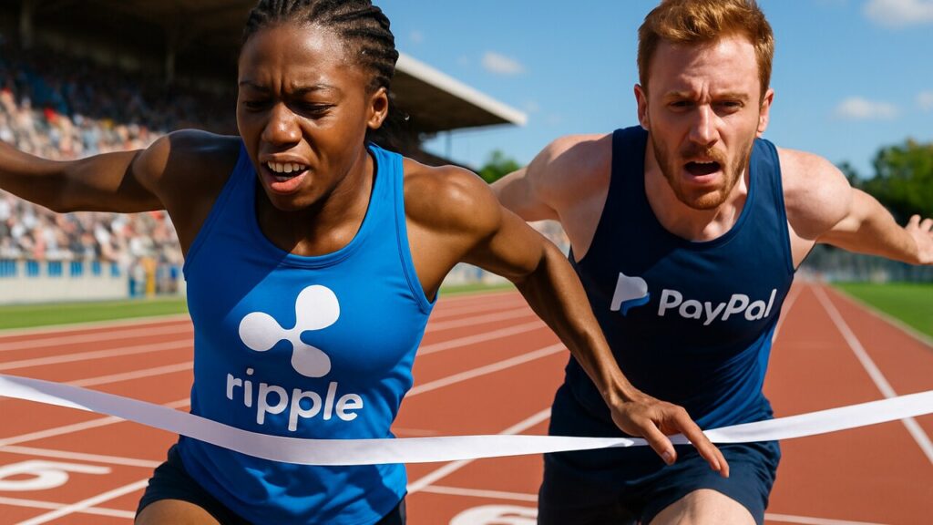 Twee sprinters met de logo's van Ripple en PayPal op hun shirt vechten nek aan nek om de finish