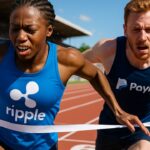 Twee sprinters met de logo's van Ripple en PayPal op hun shirt vechten nek aan nek om de finish