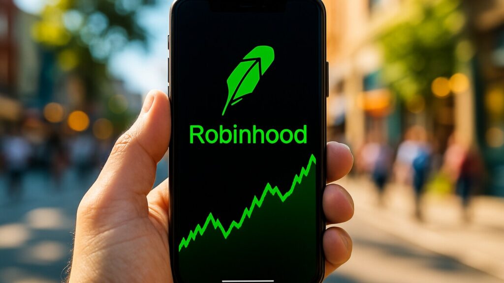 Een hand houdt een telefoon vast met de Robinhood-app en een stijgende groene grafiek