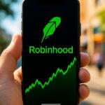 Een hand houdt een telefoon vast met de Robinhood-app en een stijgende groene grafiek