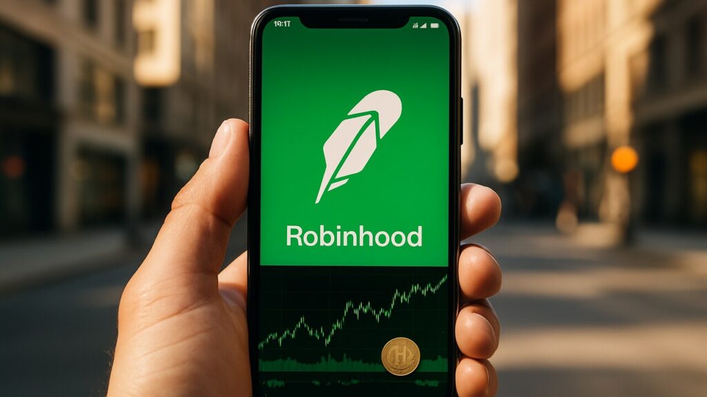 Smartphone met het groene Robinhood-logo op straat, symbool voor de nieuwe Ethereum layer-2