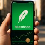 Smartphone met het groene Robinhood-logo op straat, symbool voor de nieuwe Ethereum layer-2