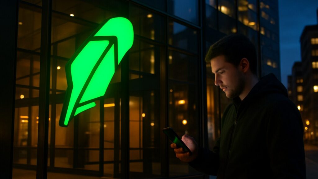 Groot Robinhood-logo op een gevel met een voorbijganger die op zijn telefoon een stijgende groene grafiek bekijkt