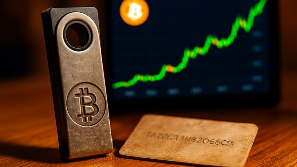 Een hardware-wallet met Bitcoin-symbool voor een scherm met stijgende groene koersgrafiek