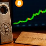 Een hardware-wallet met Bitcoin-symbool voor een scherm met stijgende groene koersgrafiek