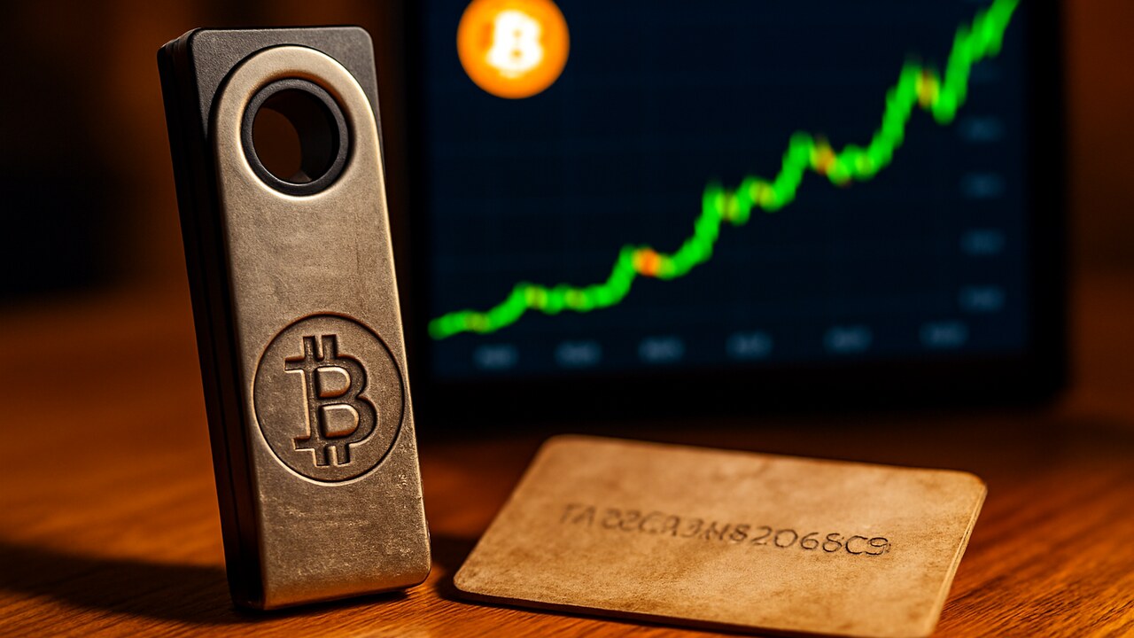 Een hardware-wallet met Bitcoin-symbool voor een scherm met stijgende groene koersgrafiek