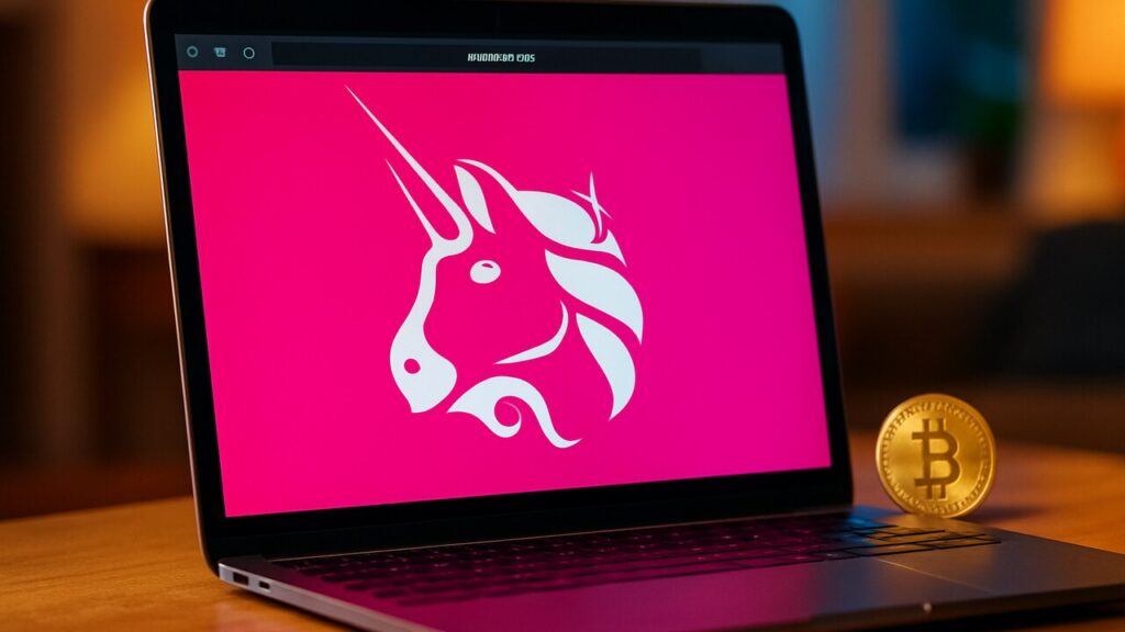 Het roze Uniswap-eenhoornlogo groot en scherp op een laptopscherm met een browser-adresbalk