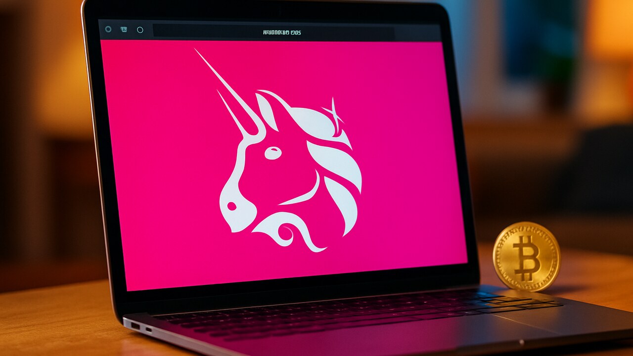 Het roze Uniswap-eenhoornlogo groot en scherp op een laptopscherm met een browser-adresbalk