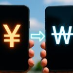 Twee smartphones tonen het yen- en won-symbool met een overboekingspijl ertussen, met Japanse en Zuid-Koreaanse vlaggen op de achtergrond