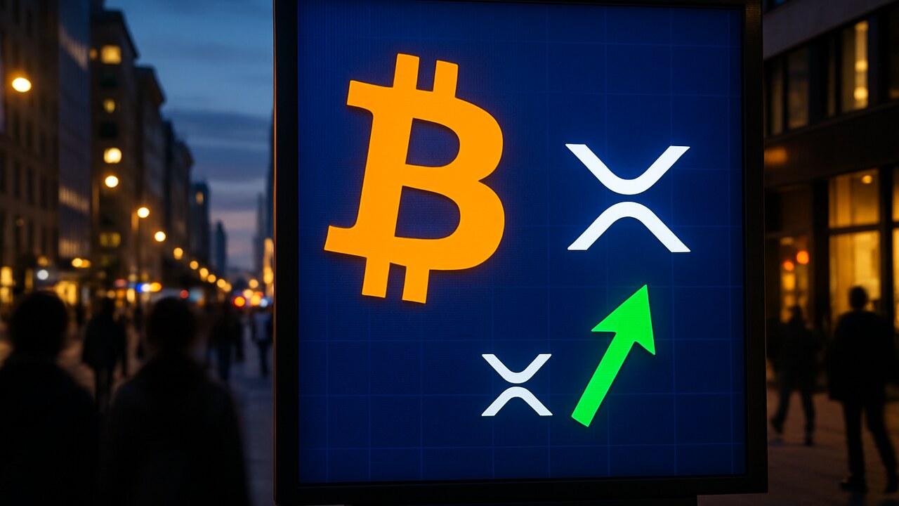 Groot straatscherm met het Bitcoin-logo prominent naast een kleiner XRP-logo met een stijgende pijl
