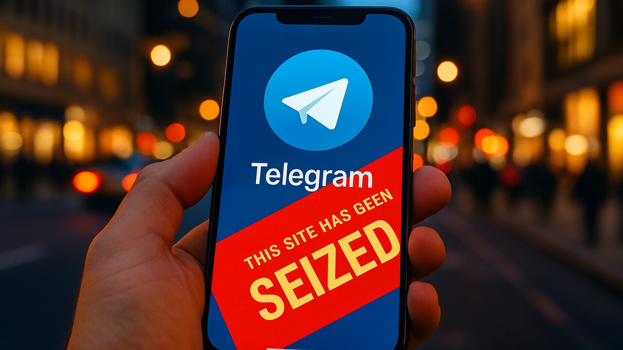 Een smartphone met de Telegram-app en een rode inbeslagnamemelding op straat