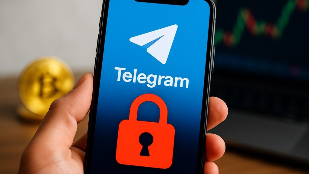 Smartphone met Telegram-app en een rood slotsymbool dat bevroren cryptotegoeden voorstelt