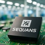 Halfgeleiderchip met het Sequans-logo in een heldere elektronicafabriek