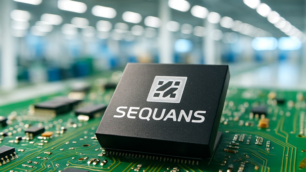 Halfgeleiderchip met het Sequans-logo in een heldere elektronicafabriek